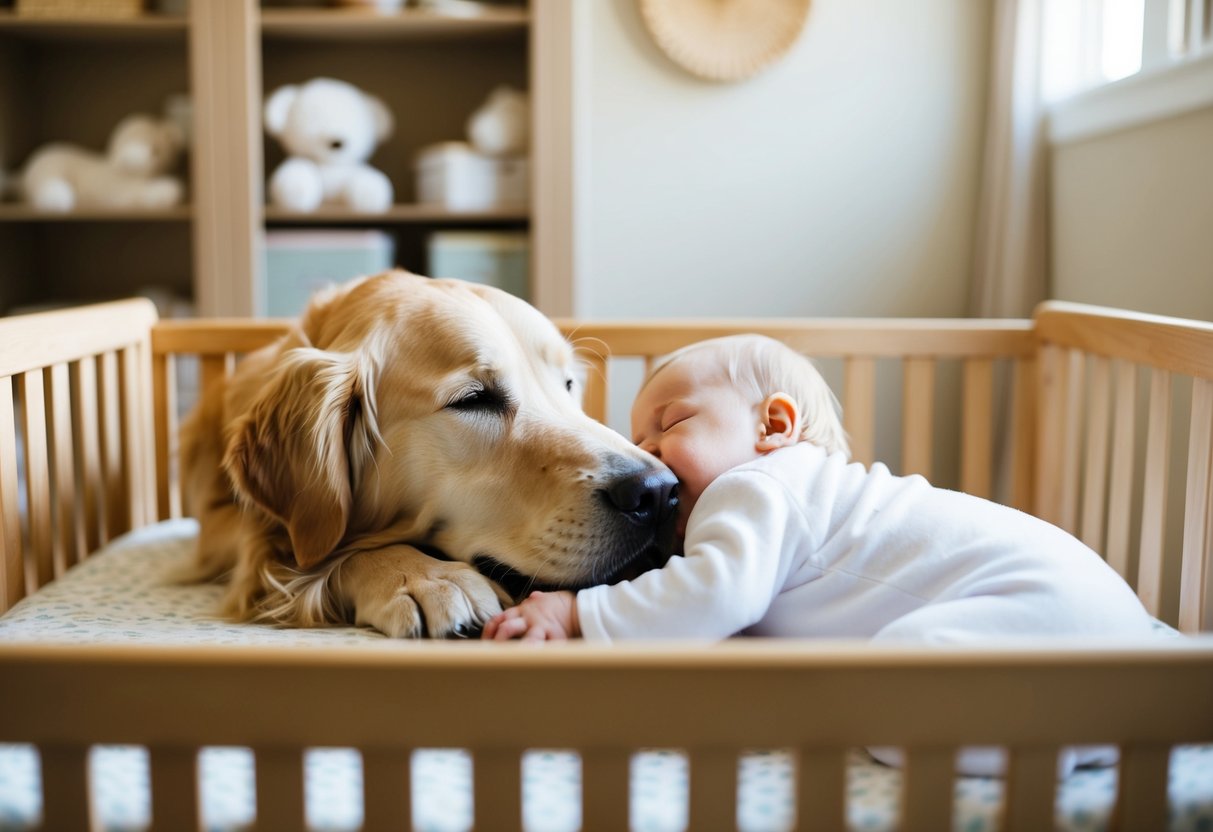 A golden retriever nuzzling a sleeping baby in a cozy nursery