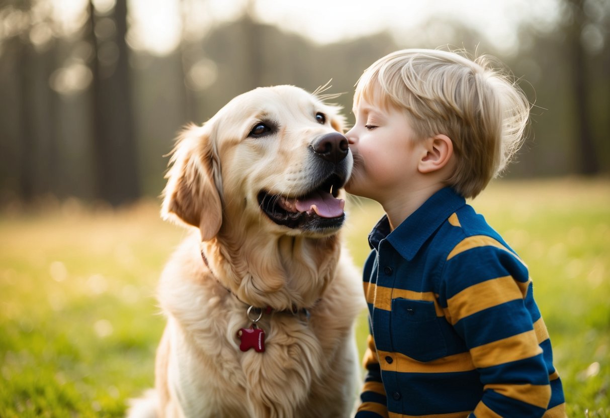 A Golden Retriever nuzzling a child's cheek, tail wagging happily