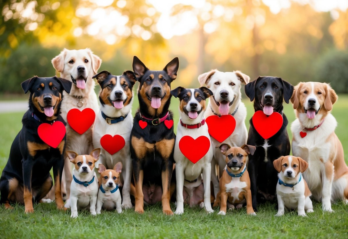 A diverse group of dogs of various breeds and sizes, all with big hearts, gather together in a heartwarming display of love and affection towards each other