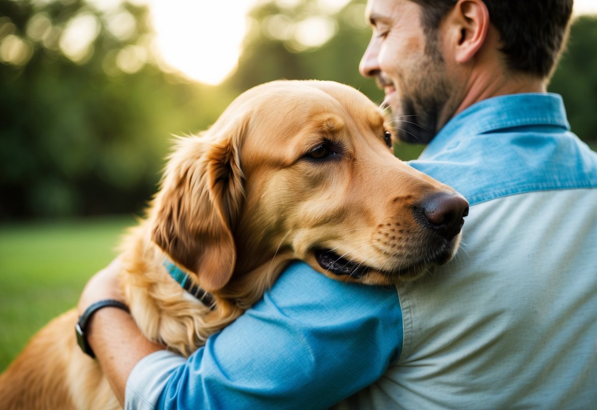 A golden retriever nuzzling its head against its owner's chest, with a content expression and wagging tail