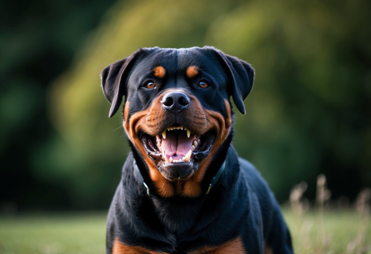A snarling Rottweiler bares its teeth, standing guard with an intense, menacing gaze