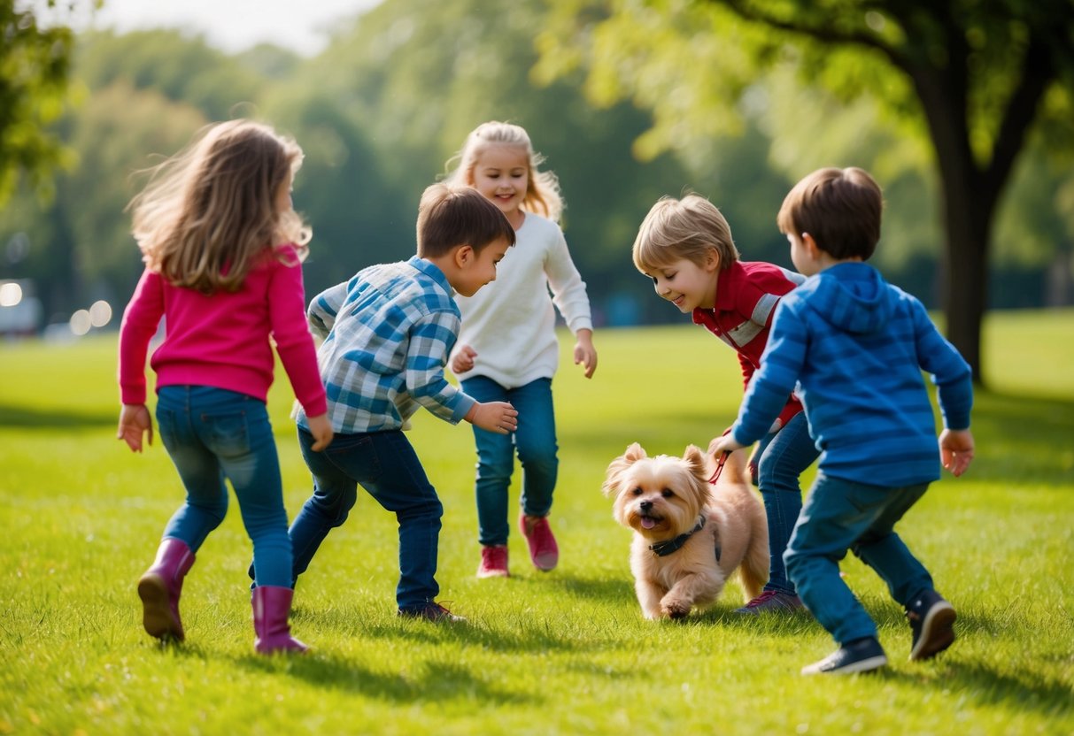 A small, fluffy dog playing with a group of children in a grassy park