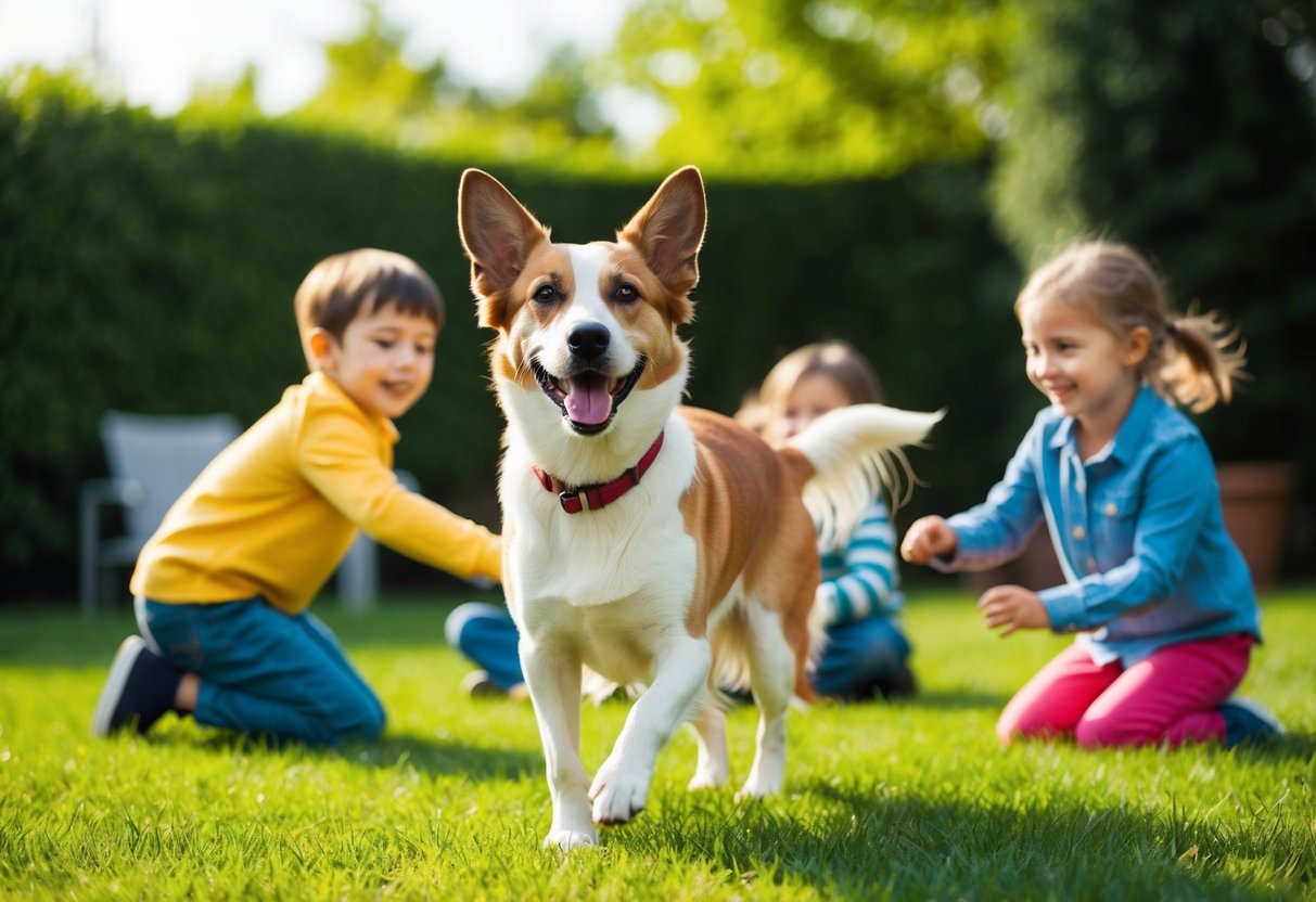 A happy, medium-sized dog playing with children in a grassy backyard, wagging its tail and looking friendly and approachable