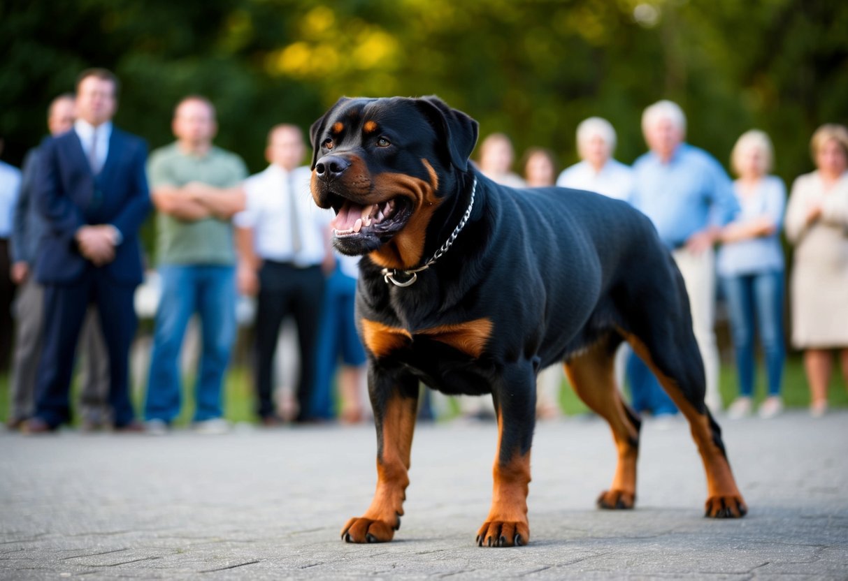 A snarling Rottweiler stands on guard, surrounded by wary onlookers