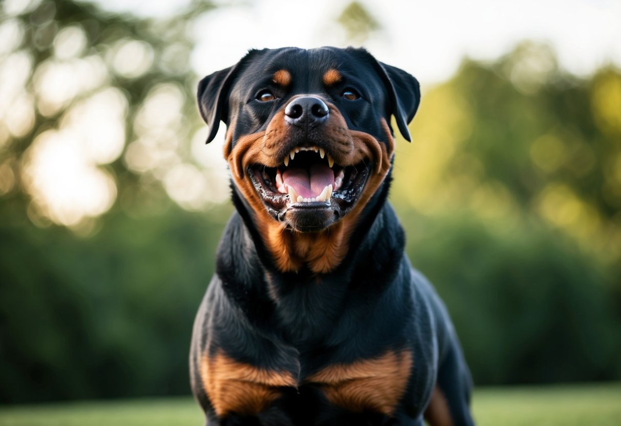 A snarling Rottweiler bares its teeth, standing tall with a menacing glare