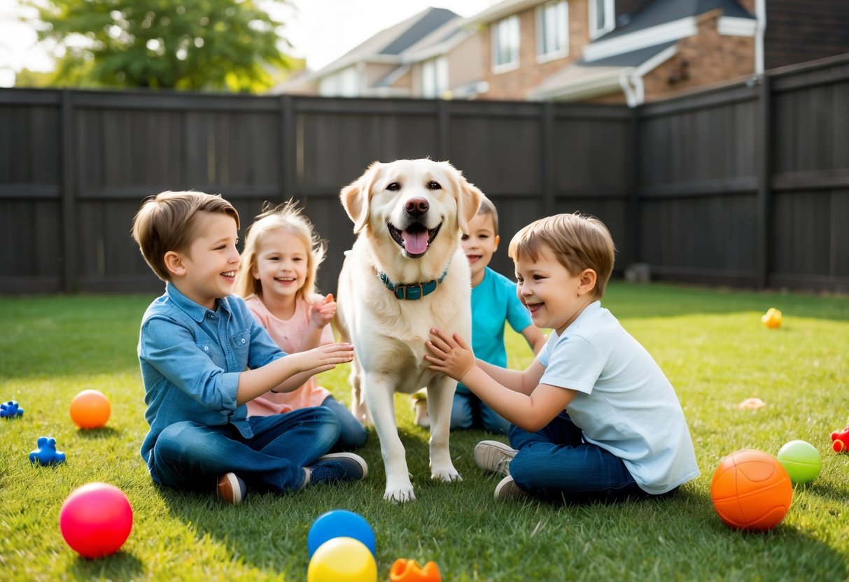 A joyful, gentle dog playing with children in a spacious, fenced backyard, with toys scattered around and a big smile on everyone's faces