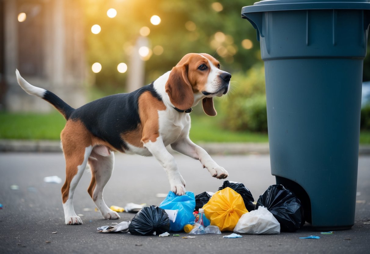 A mischievous Beagle tipping over a trash can, with scattered garbage and a guilty expression