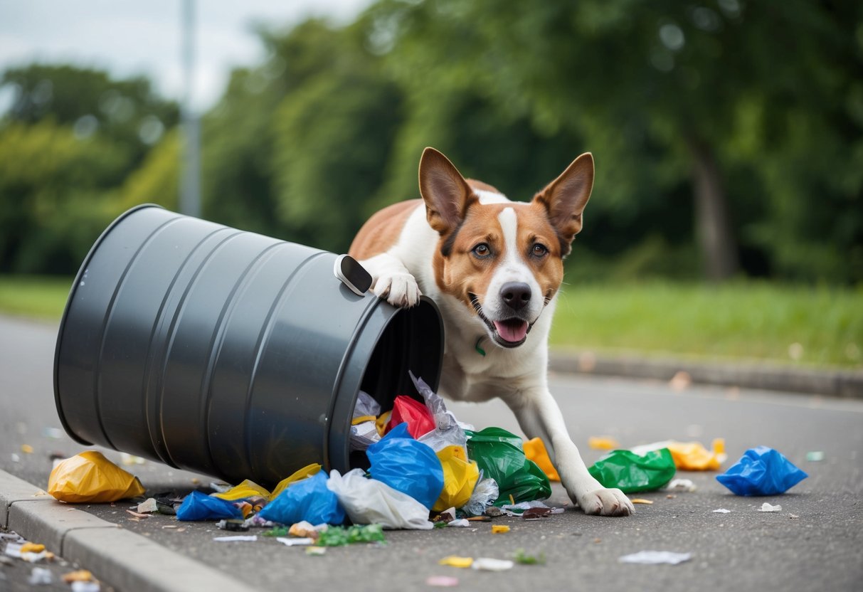 A mischievous dog tipping over a trash can, with scattered garbage and a guilty expression on its face