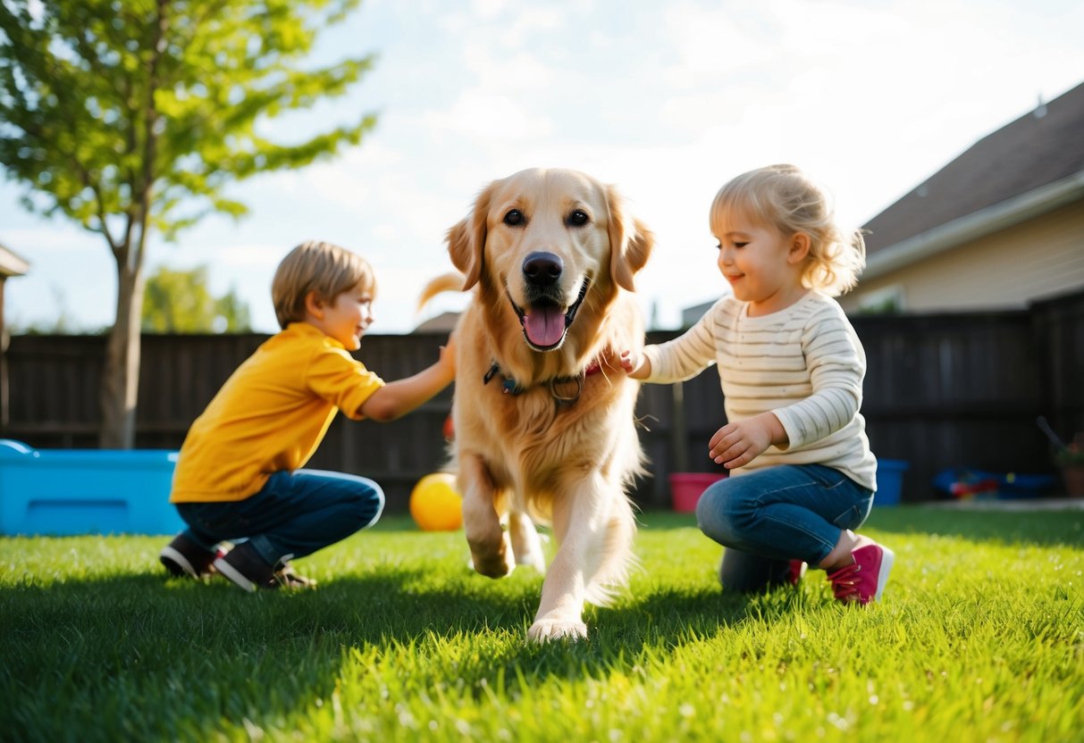 A golden retriever playing with children in a sunny backyard