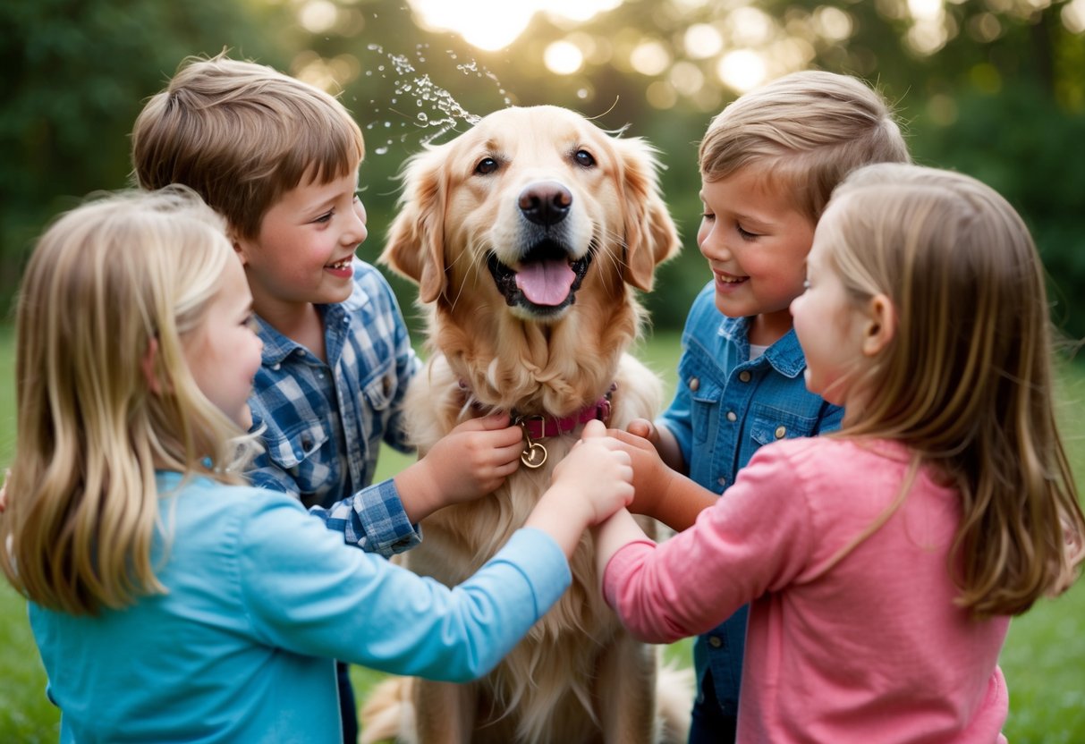 A golden retriever surrounded by children, wagging its tail and being showered with affection