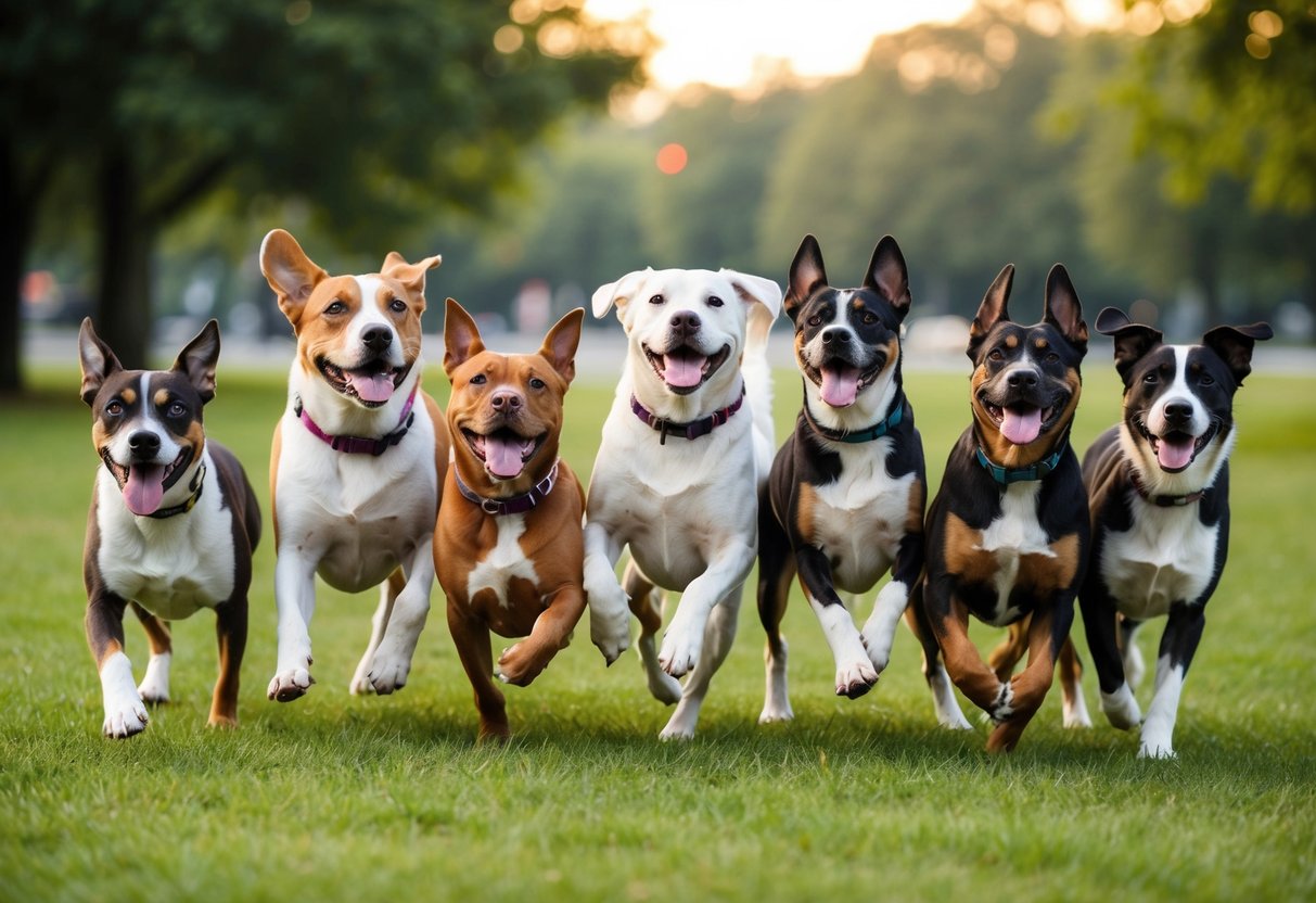 A group of diverse dog breeds playing together in a park, showing affection and joy