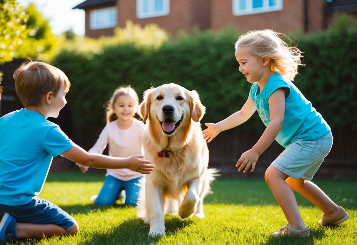 A golden retriever playing with children in a sunny backyard, wagging its tail and smiling