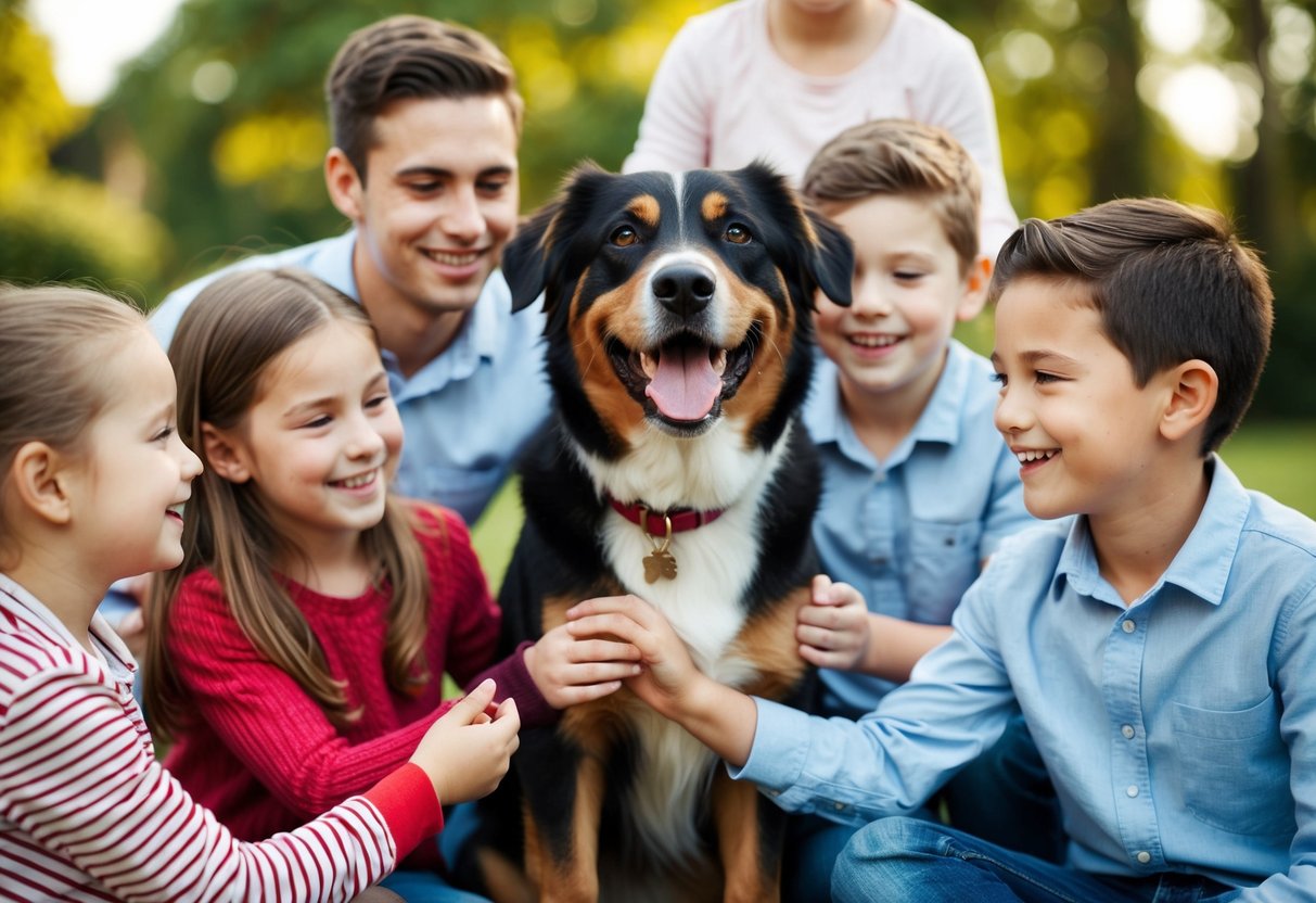 A happy, wagging dog surrounded by smiling children and adults, all petting and playing with the friendly canine