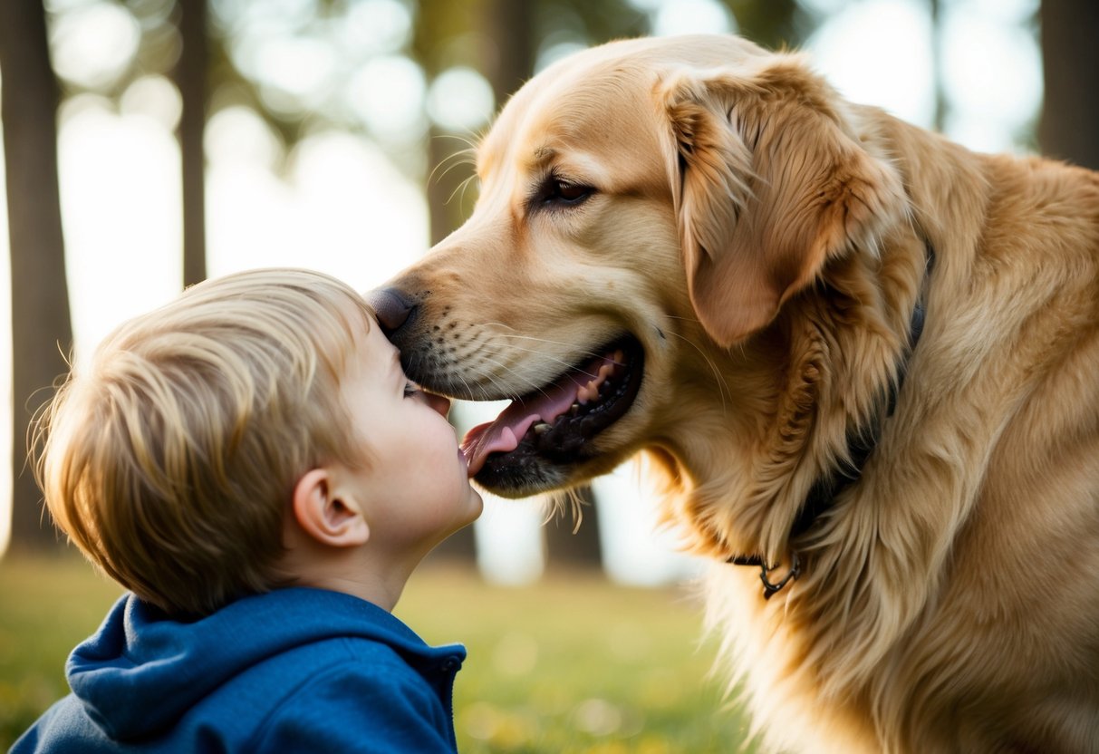A golden retriever nuzzling a child's cheek, tail wagging
