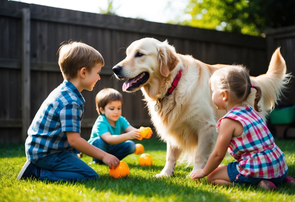 A golden retriever playing with children in a backyard