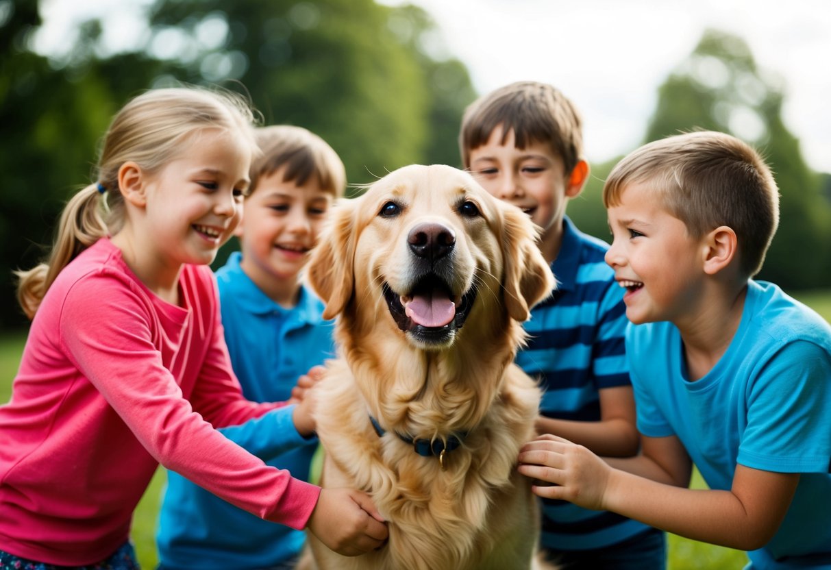 A golden retriever surrounded by children, wagging its tail with a joyful expression