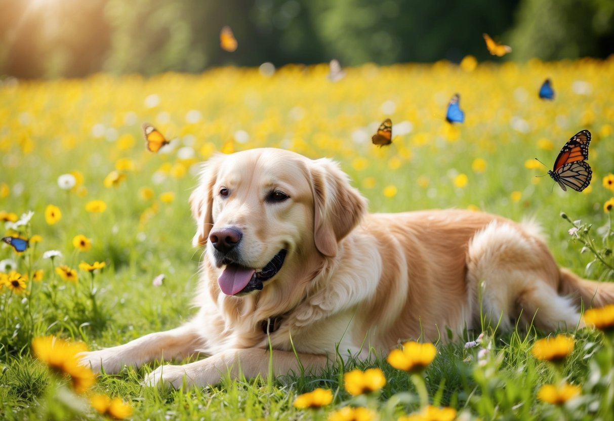 A golden retriever lies peacefully in a sunny meadow, surrounded by butterflies and flowers