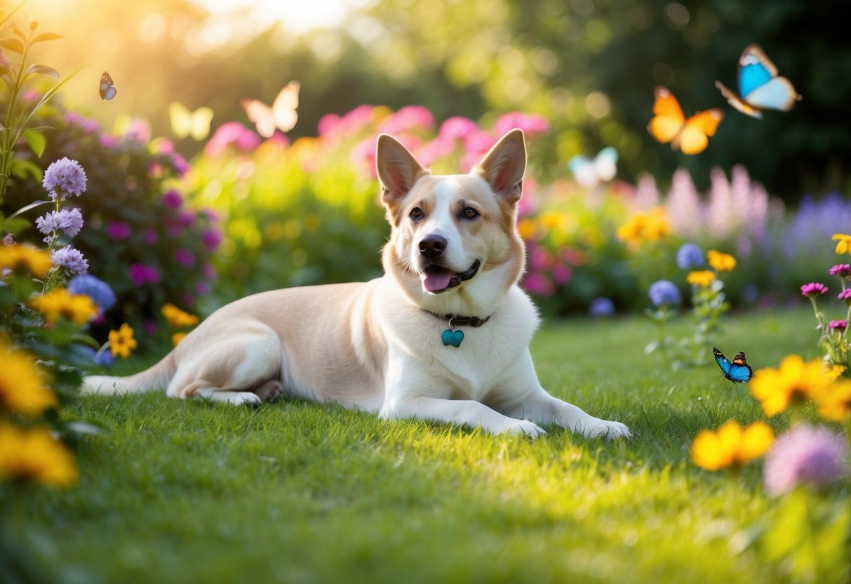 A serene, non-aggressive dog lounging in a peaceful, sunlit garden surrounded by colorful flowers and butterflies