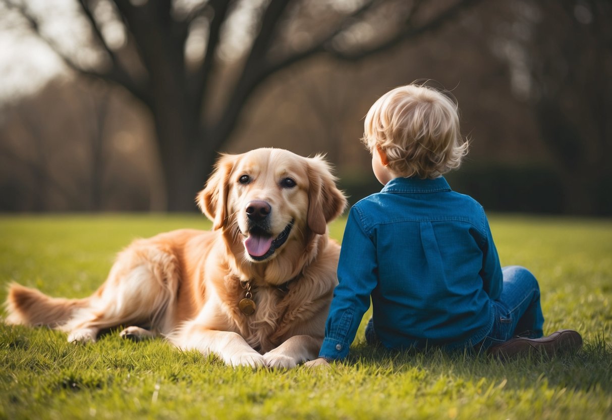 A golden retriever lying next to a child, wagging its tail