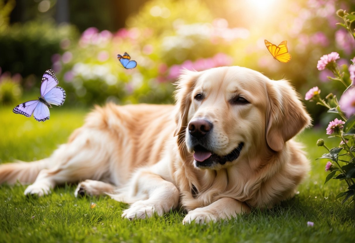 A calm golden retriever lying peacefully in a sunlit garden, surrounded by flowers and butterflies
