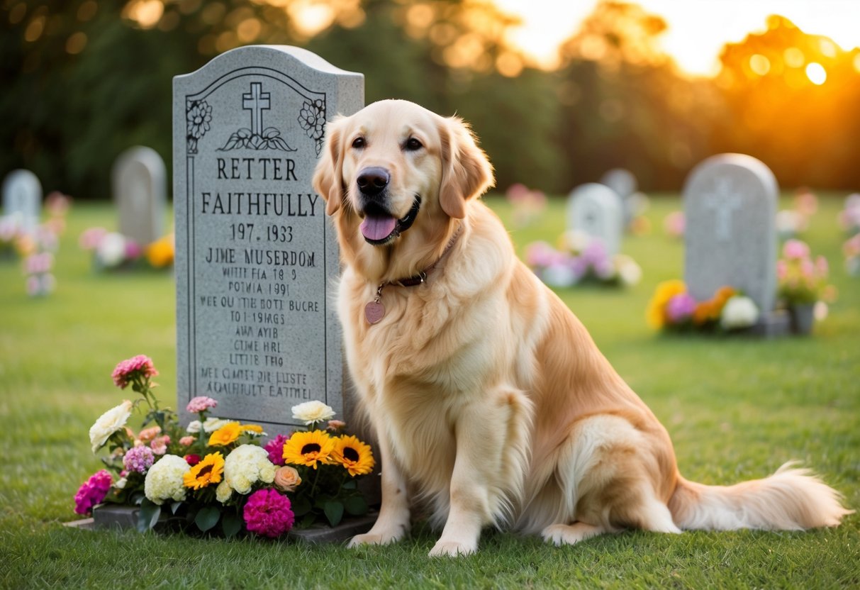 A golden retriever sitting faithfully by a gravestone, surrounded by flowers and a warm sunset