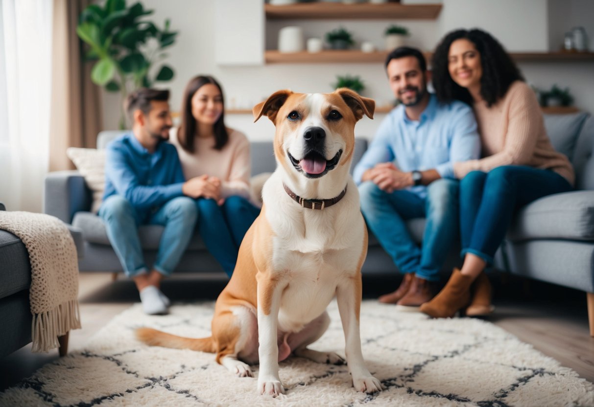 A peaceful, non-aggressive dog sitting calmly in a cozy home environment, surrounded by a loving family and a welcoming atmosphere