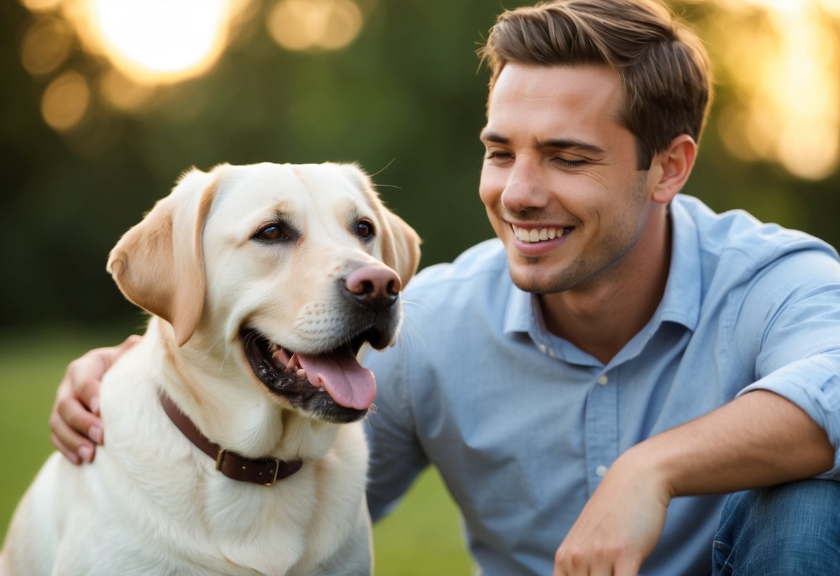 A Labrador retriever wagging its tail beside a smiling person, showing affection and companionship