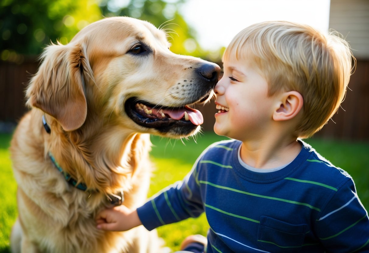 A smiling golden retriever nuzzling a child's face as they play in a sunlit backyard