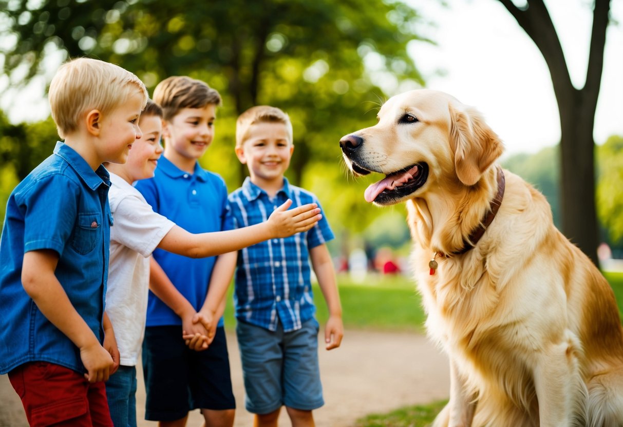 A Golden Retriever happily greeting a group of children in a park