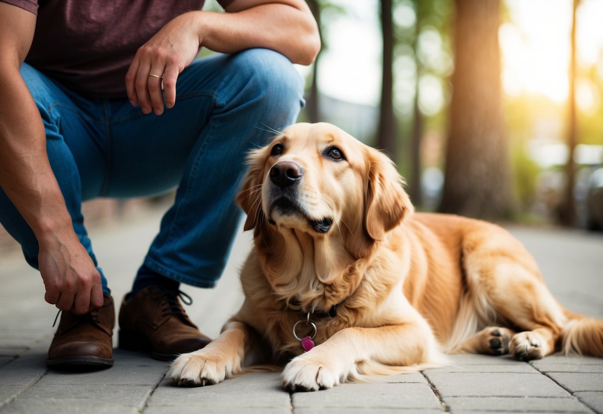 A golden retriever laying at the feet of its owner, gazing up with adoring eyes