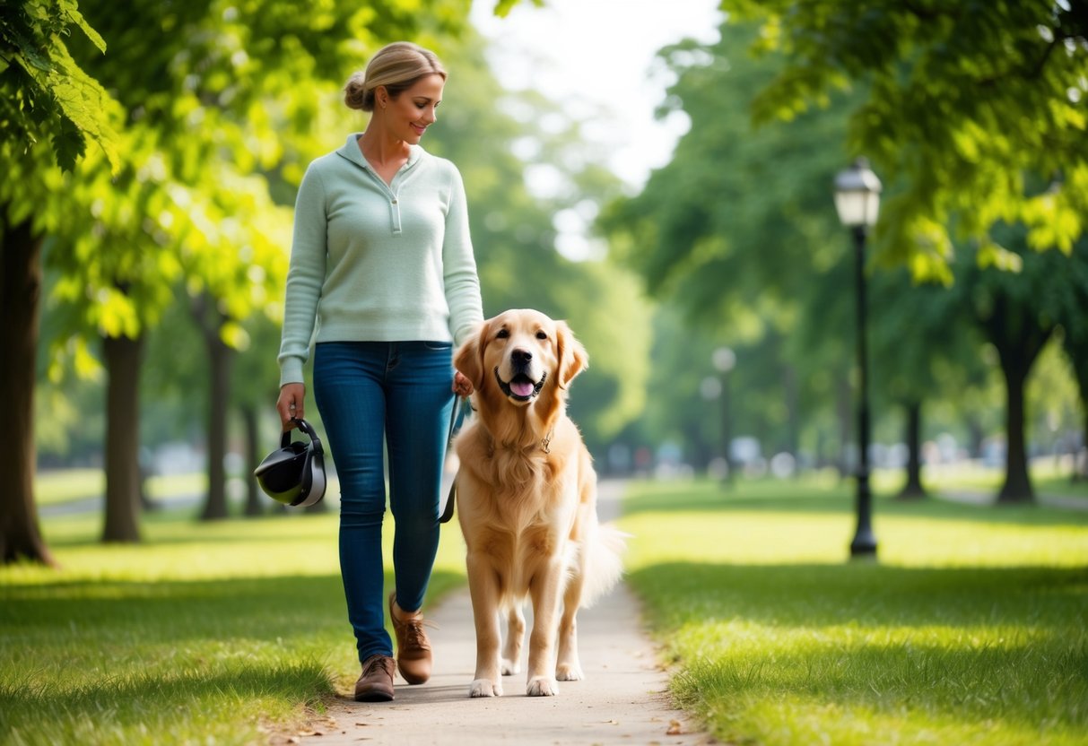 A golden retriever standing by its owner's side, gazing up at them with adoring eyes, as they walk together through a lush green park