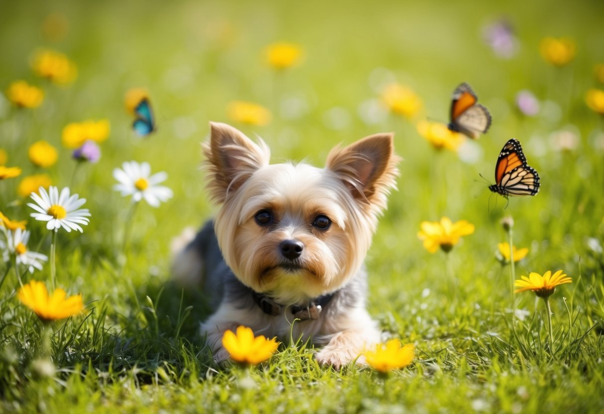 A small, calm dog lying peacefully in a sunny patch of grass, surrounded by flowers and butterflies