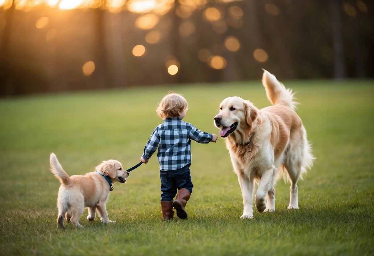 A golden retriever calmly approaches a child, wagging its tail