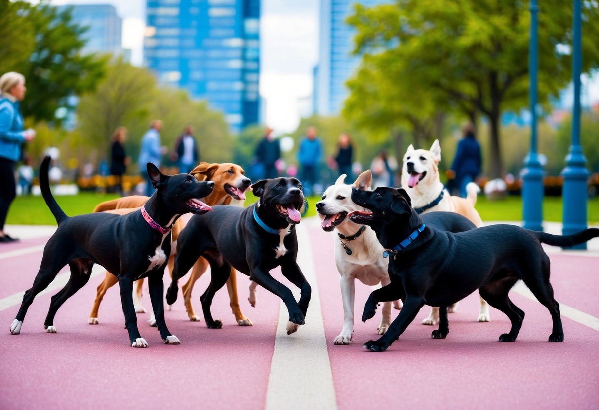 A pack of sleek, energetic dogs of various breeds playfully interact in a vibrant, modern city park, drawing the attention of passersby