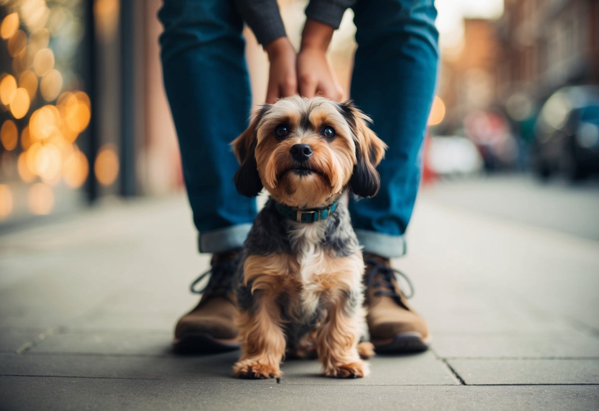 A small, shaggy dog with pleading eyes sits at the feet of a person, looking up with a hopeful expression