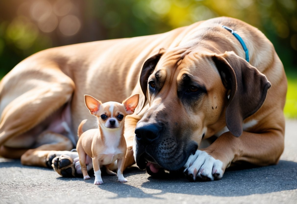 A large, gentle Great Dane lies peacefully next to a tiny Chihuahua, showing their size difference and peaceful coexistence