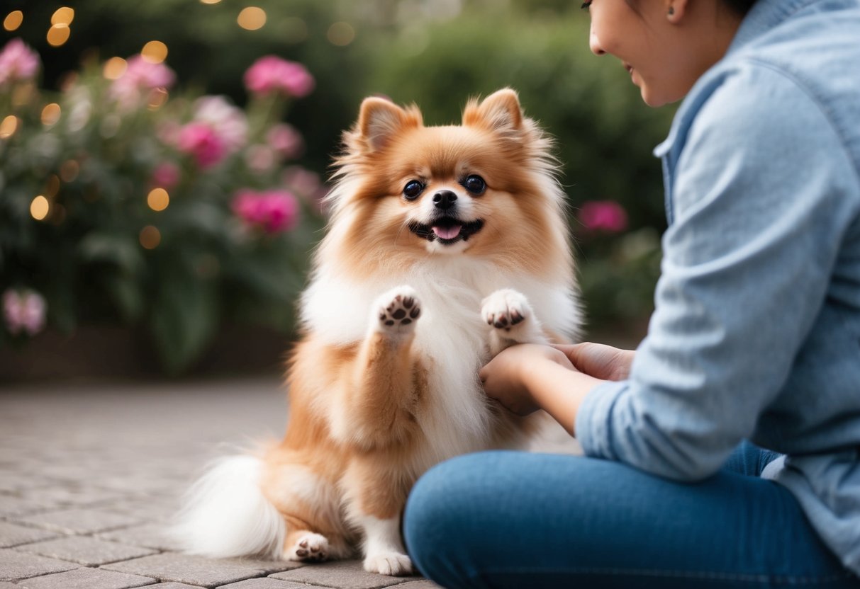 A small, fluffy Pomeranian dog sits with pleading eyes, pawing at its owner for attention
