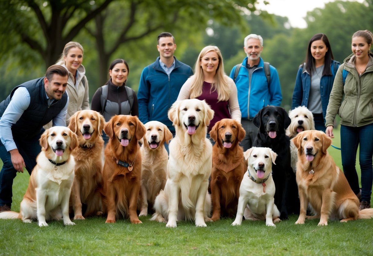 A group of diverse dog breeds gathered in a park, with a golden retriever at the center, surrounded by curious onlookers