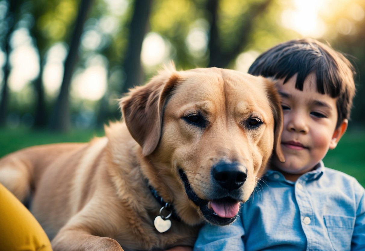A calm and friendly dog resting peacefully beside a child, showing no signs of aggression