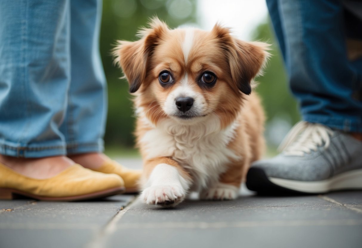 A small, fluffy dog with sad eyes and a pleading expression, pawing at the feet of its owner for attention and affection