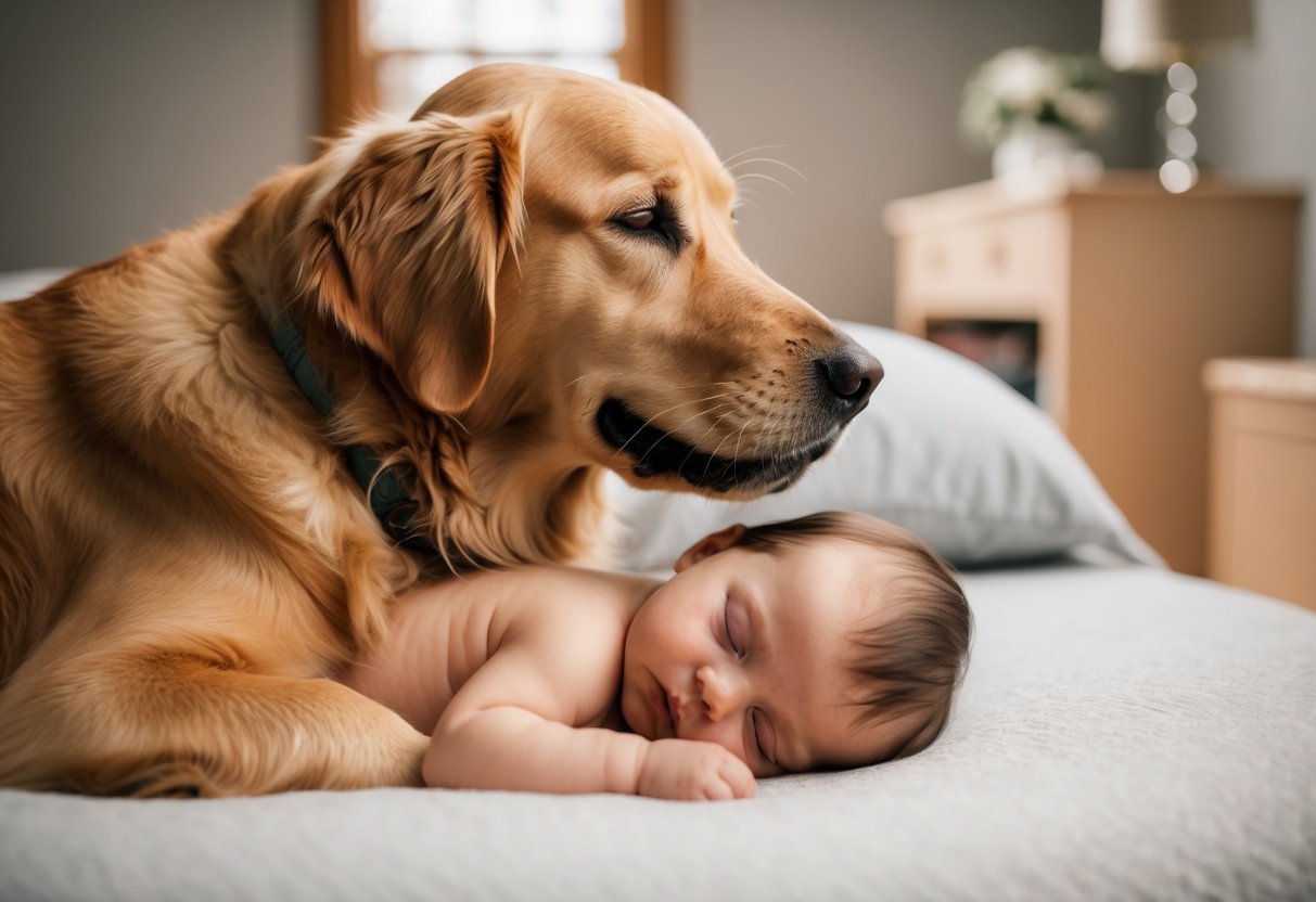 A Golden Retriever nuzzling a sleeping baby with a gentle expression
