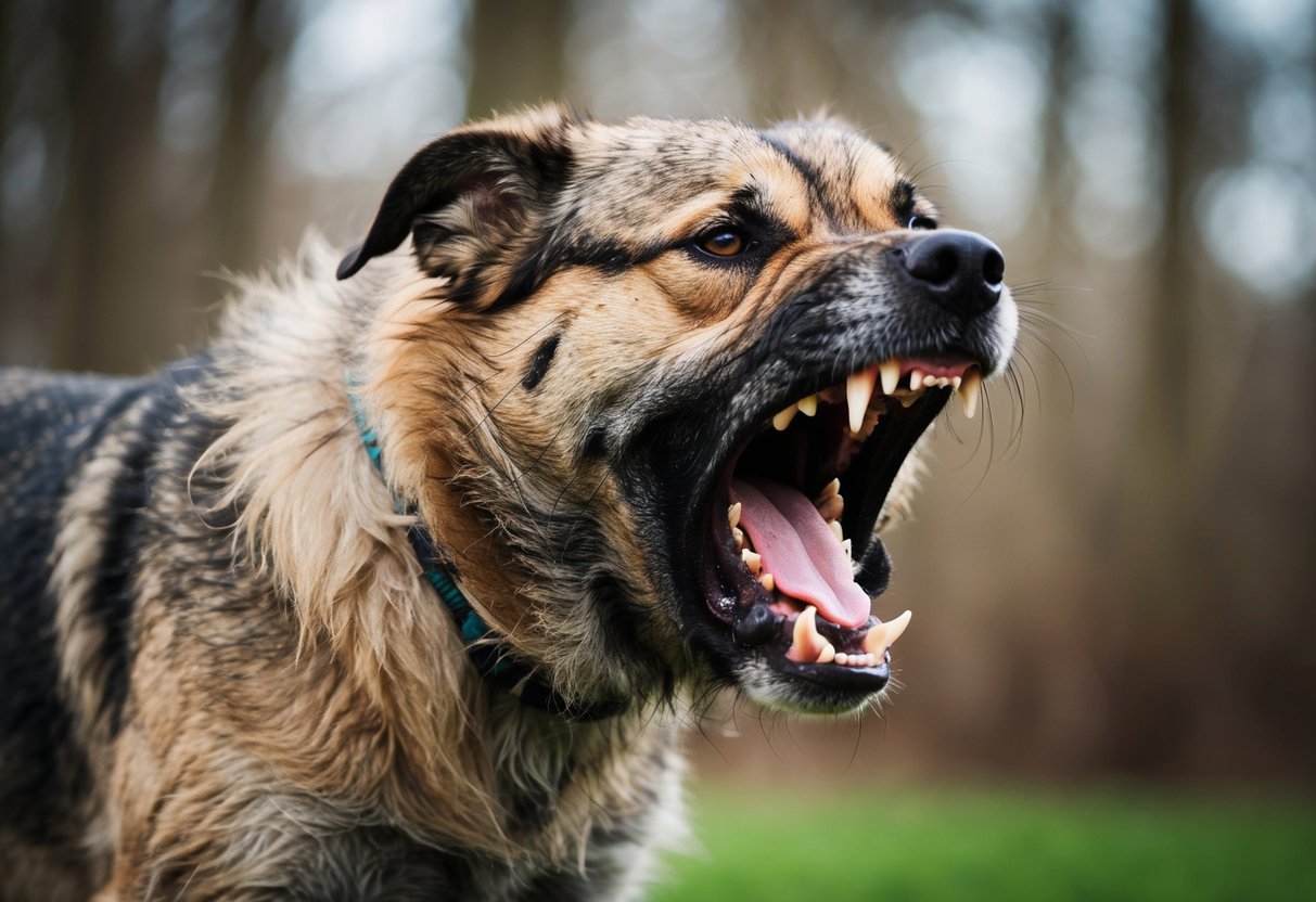 A large, scruffy dog snarls, baring its teeth and raising its hackles. Its fur is matted and dirty, and its eyes gleam with aggression