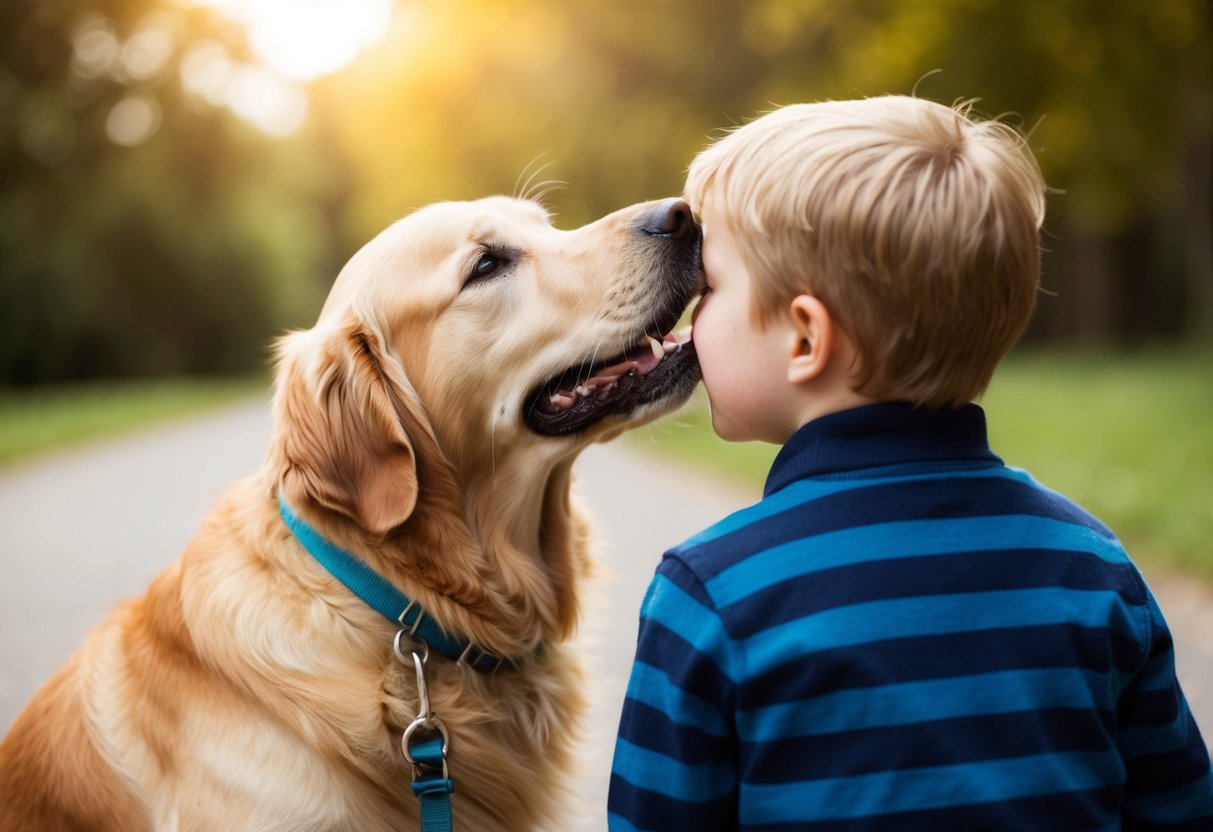 A golden retriever nuzzling a child's cheek, tail wagging