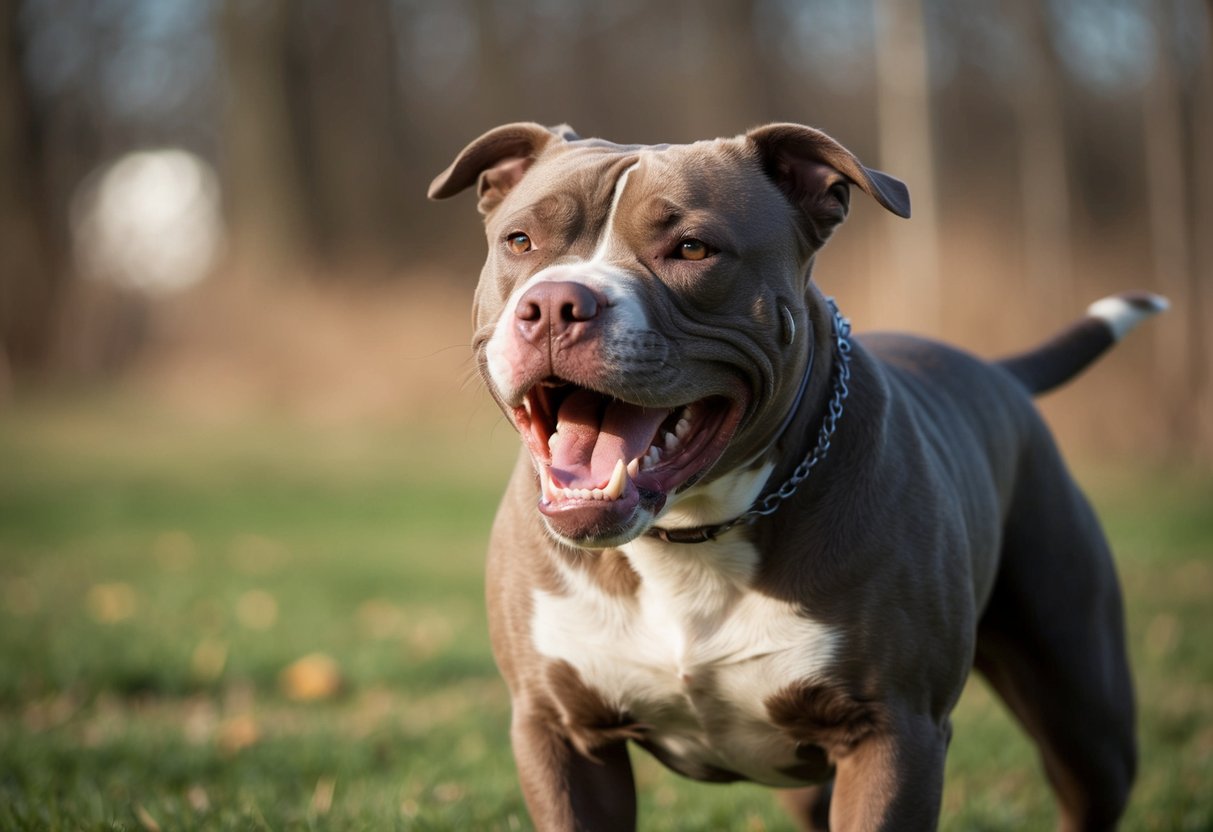 A snarling, muscular pit bull stands aggressively, teeth bared, and fur bristling, ready to defend its territory