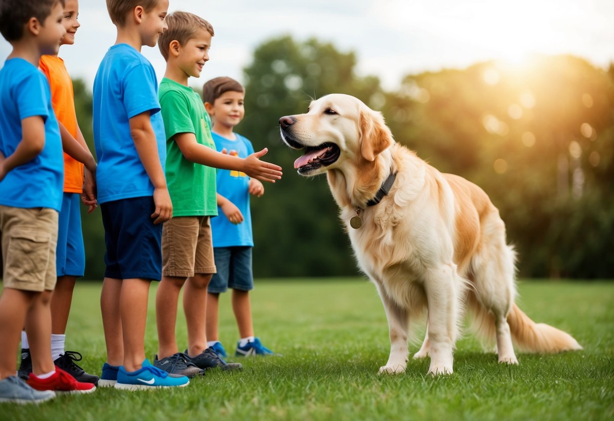 A Golden Retriever eagerly greeting a group of children at a dog training class