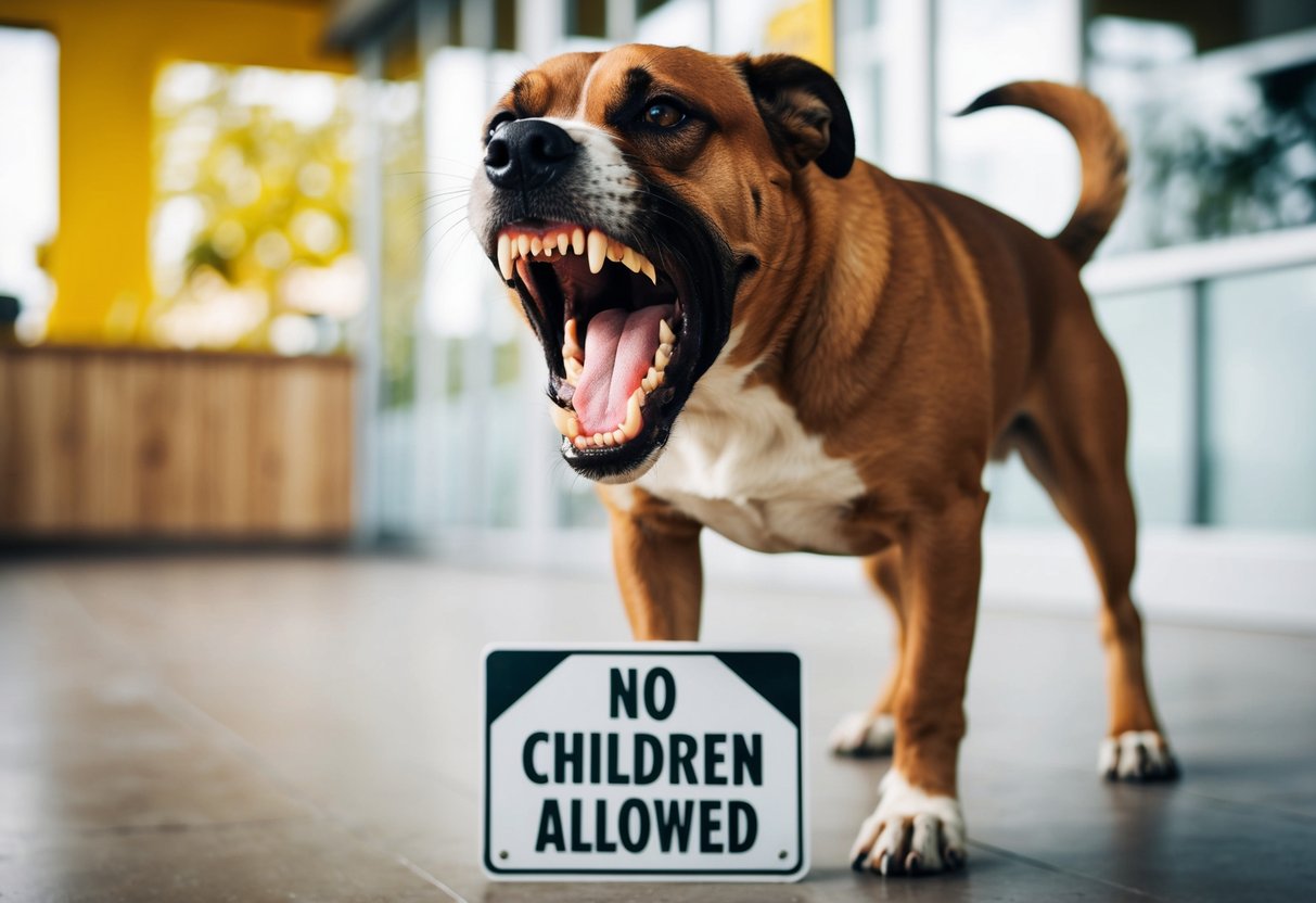 A snarling, aggressive dog baring its teeth and growling, standing in front of a "No Children Allowed" sign