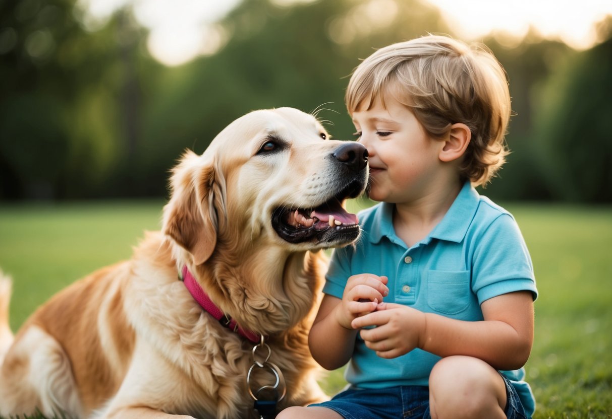 A golden retriever nuzzling a young child with a wagging tail and affectionate eyes