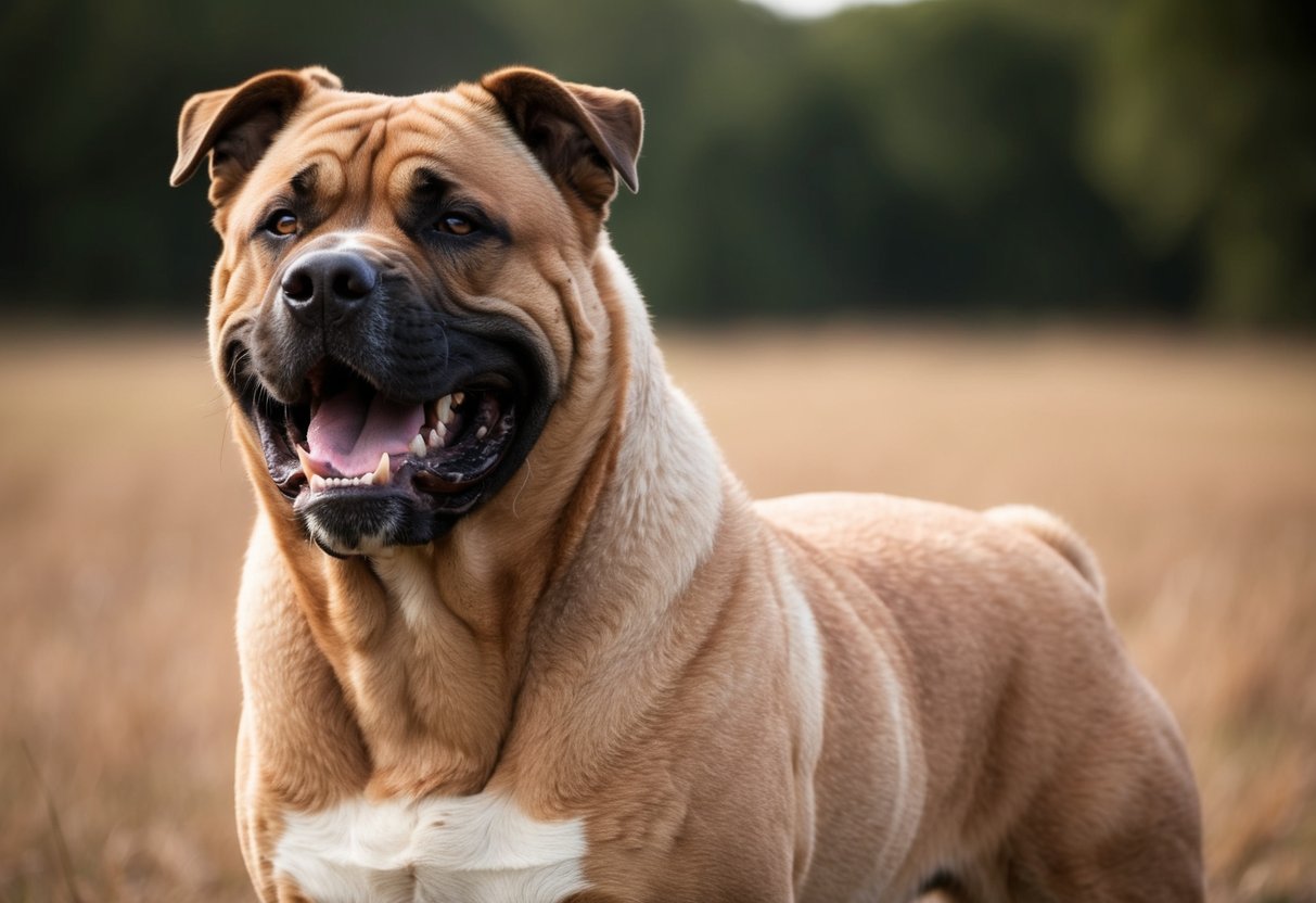 A large, muscular dog with a thick, wiry coat and powerful jaws, standing proudly with a fierce and alert expression