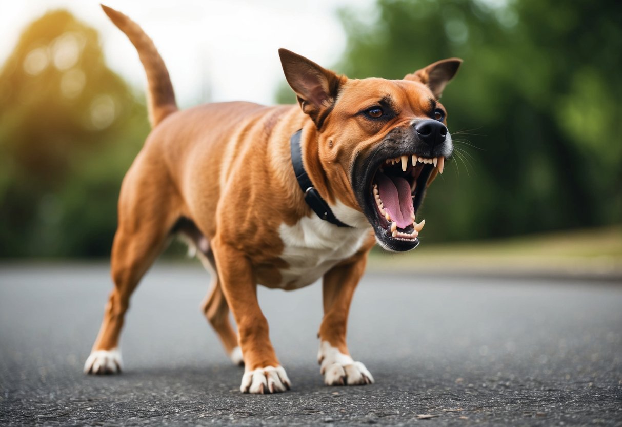 A snarling, aggressive dog bares its teeth, ears flat and tail raised, as it lunges forward, ready to attack