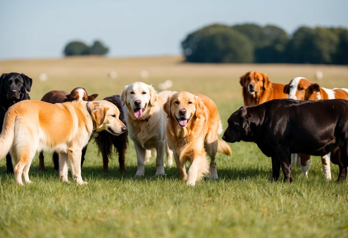A golden retriever calmly interacts with a diverse group of animals in a peaceful, open field